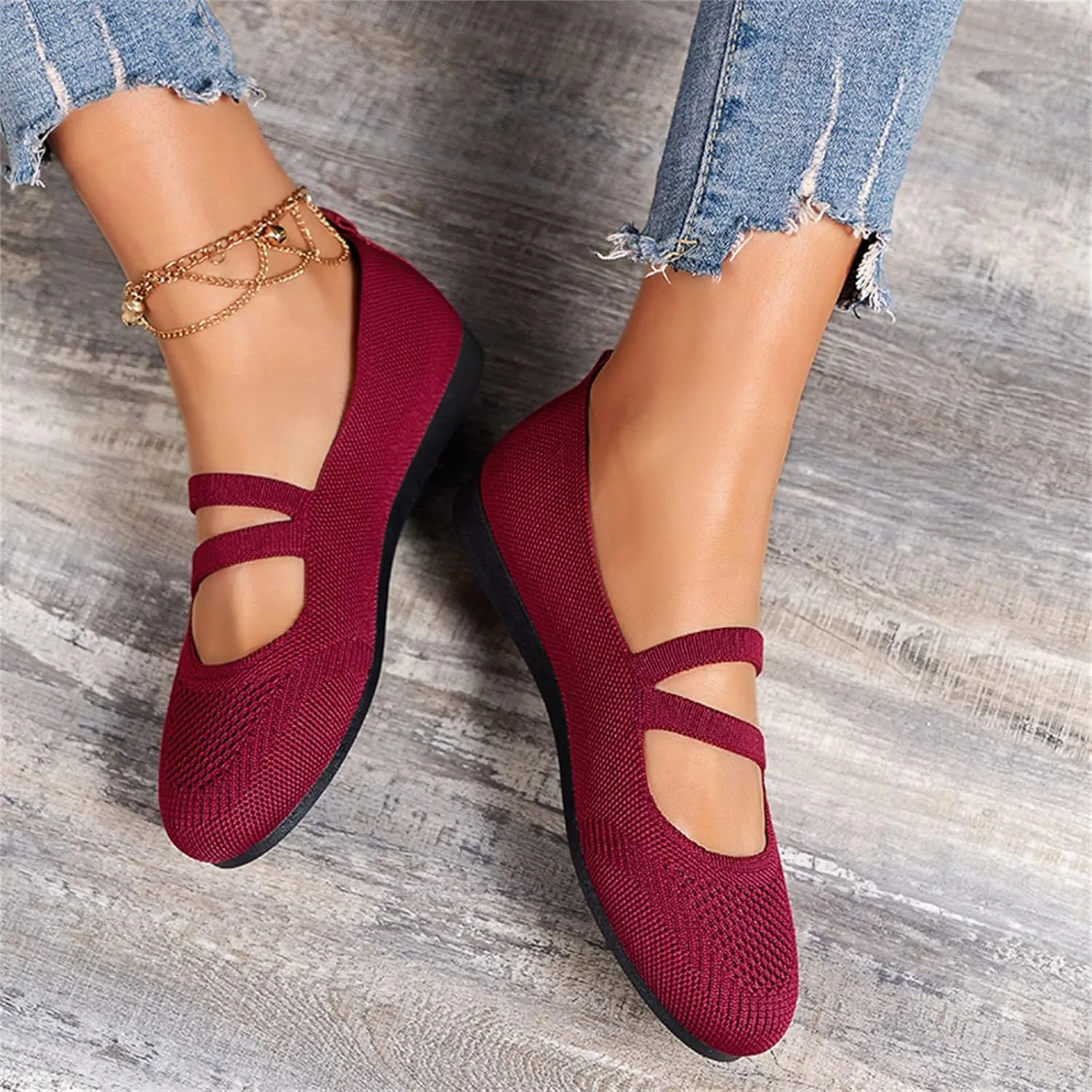 Hbeylia Knitted Ballet Flats for Women Ladies Round Toe Strappy Comfortable Formal Dress Loafers Casual Slip On Walking Driving Shoes for Work Nurse