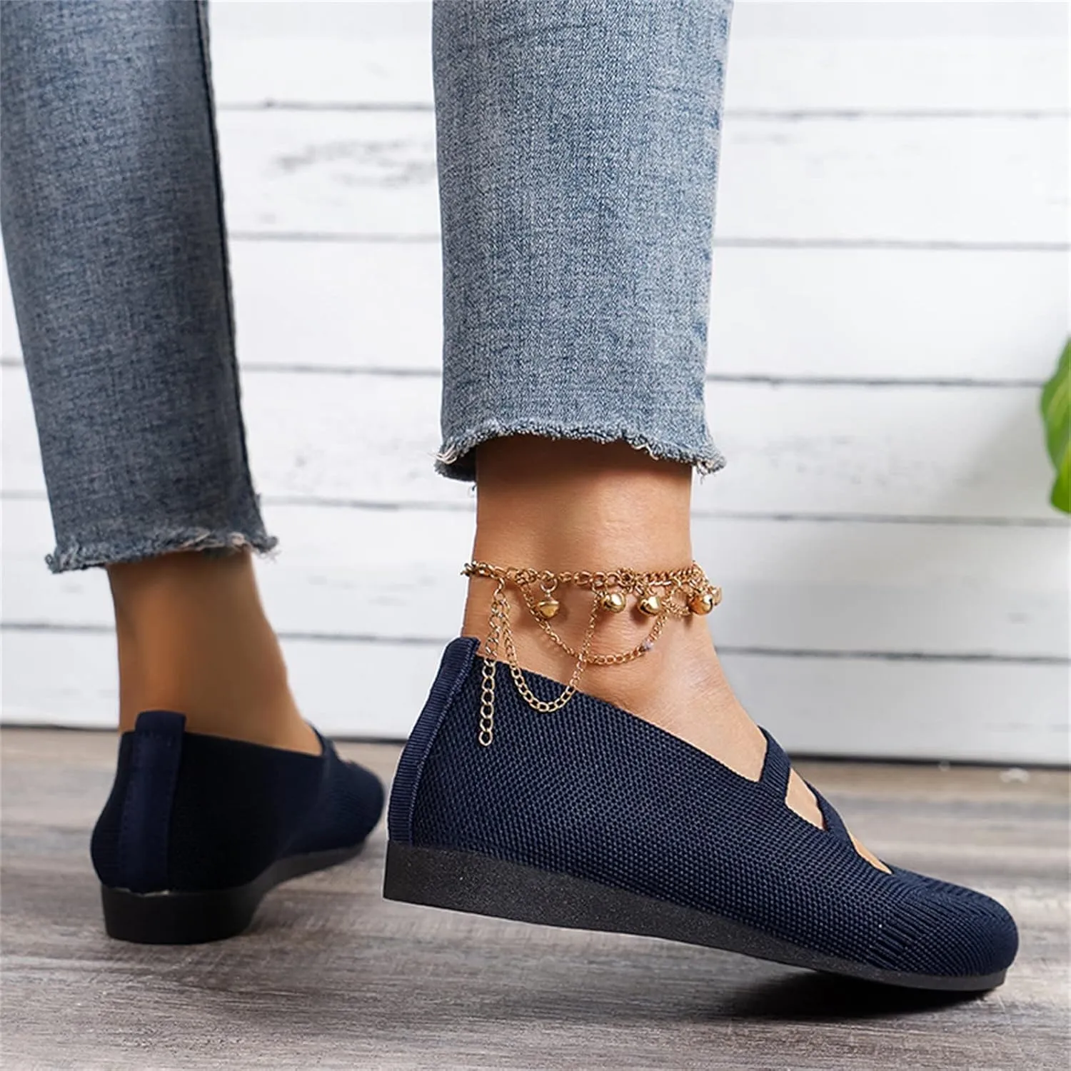 Hbeylia Knitted Ballet Flats for Women Ladies Round Toe Strappy Comfortable Formal Dress Loafers Casual Slip On Walking Driving Shoes for Work Nurse