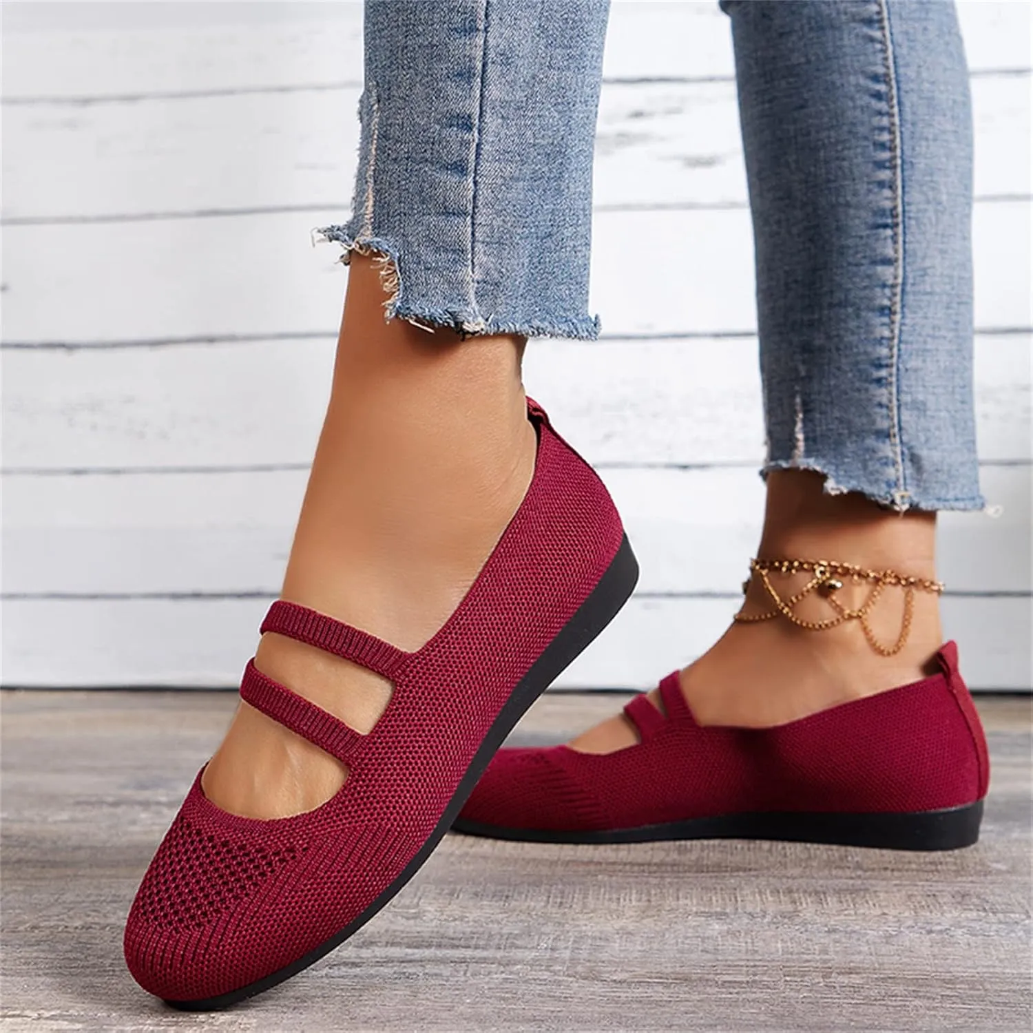 Hbeylia Knitted Ballet Flats for Women Ladies Round Toe Strappy Comfortable Formal Dress Loafers Casual Slip On Walking Driving Shoes for Work Nurse