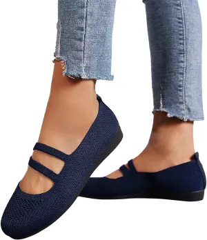 Hbeylia Knitted Ballet Flats for Women Ladies Round Toe Strappy Comfortable Formal Dress Loafers Casual Slip On Walking Driving Shoes for Work Nurse