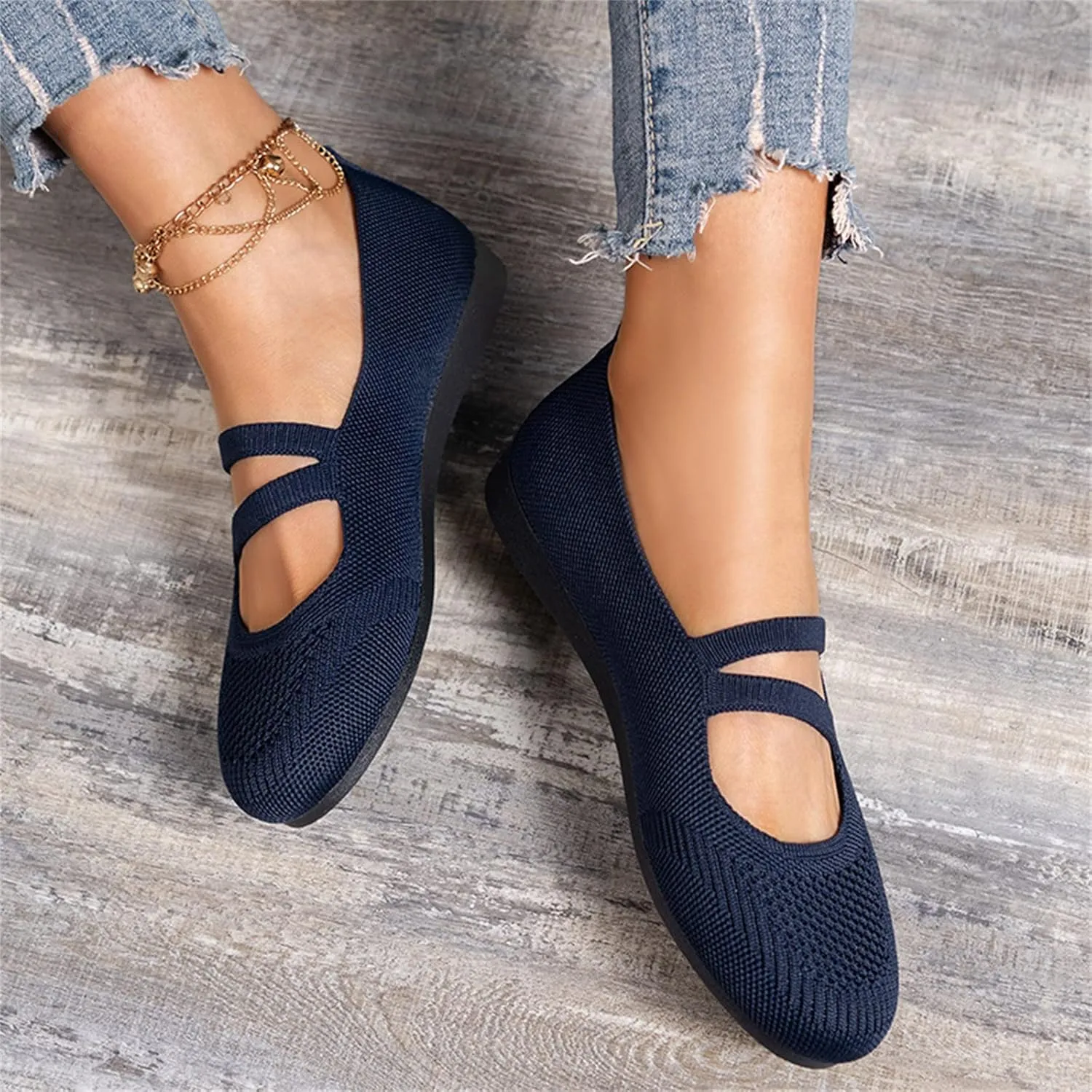 Hbeylia Knitted Ballet Flats for Women Ladies Round Toe Strappy Comfortable Formal Dress Loafers Casual Slip On Walking Driving Shoes for Work Nurse