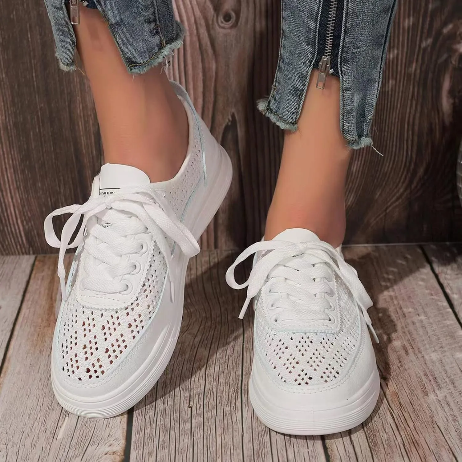 Hbeylia Platform Fashion Sneakers for Women Casual Lace Up Breathable Mesh Air Hollow Out Round Toe Chunky Bottom Heels Canvas Shoes Slip On Flats Walking Shoes Play Sneakers Comfort Soft Loafers