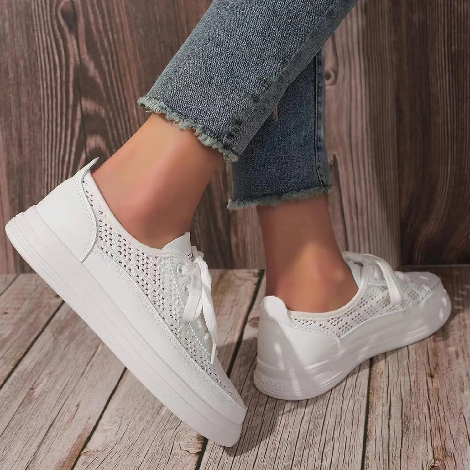 Hbeylia Platform Fashion Sneakers for Women Casual Lace Up Breathable Mesh Air Hollow Out Round Toe Chunky Bottom Heels Canvas Shoes Slip On Flats Walking Shoes Play Sneakers Comfort Soft Loafers