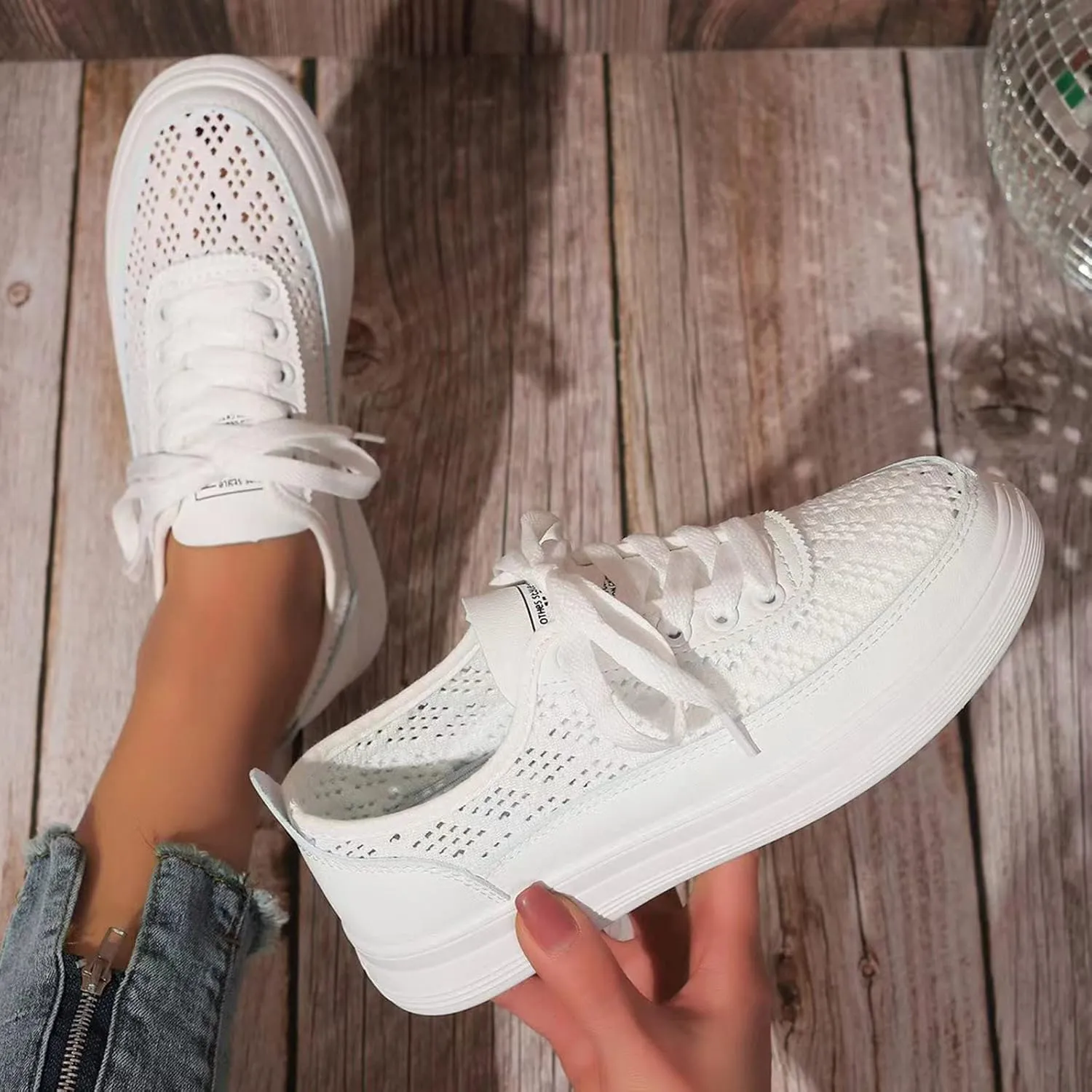 Hbeylia Platform Fashion Sneakers for Women Casual Lace Up Breathable Mesh Air Hollow Out Round Toe Chunky Bottom Heels Canvas Shoes Slip On Flats Walking Shoes Play Sneakers Comfort Soft Loafers