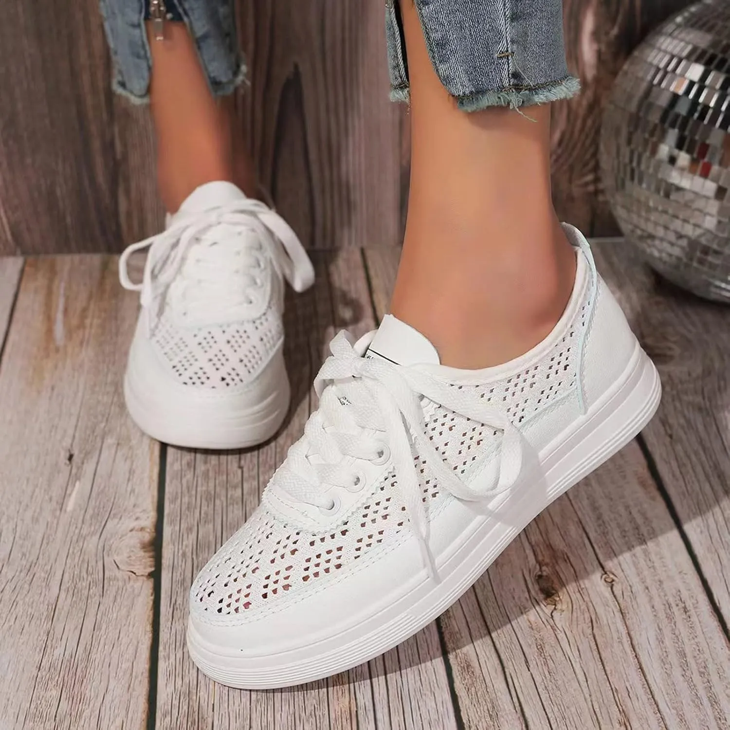 Hbeylia Platform Fashion Sneakers for Women Casual Lace Up Breathable Mesh Air Hollow Out Round Toe Chunky Bottom Heels Canvas Shoes Slip On Flats Walking Shoes Play Sneakers Comfort Soft Loafers