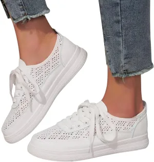 Hbeylia Platform Fashion Sneakers for Women Casual Lace Up Breathable Mesh Air Hollow Out Round Toe Chunky Bottom Heels Canvas Shoes Slip On Flats Walking Shoes Play Sneakers Comfort Soft Loafers