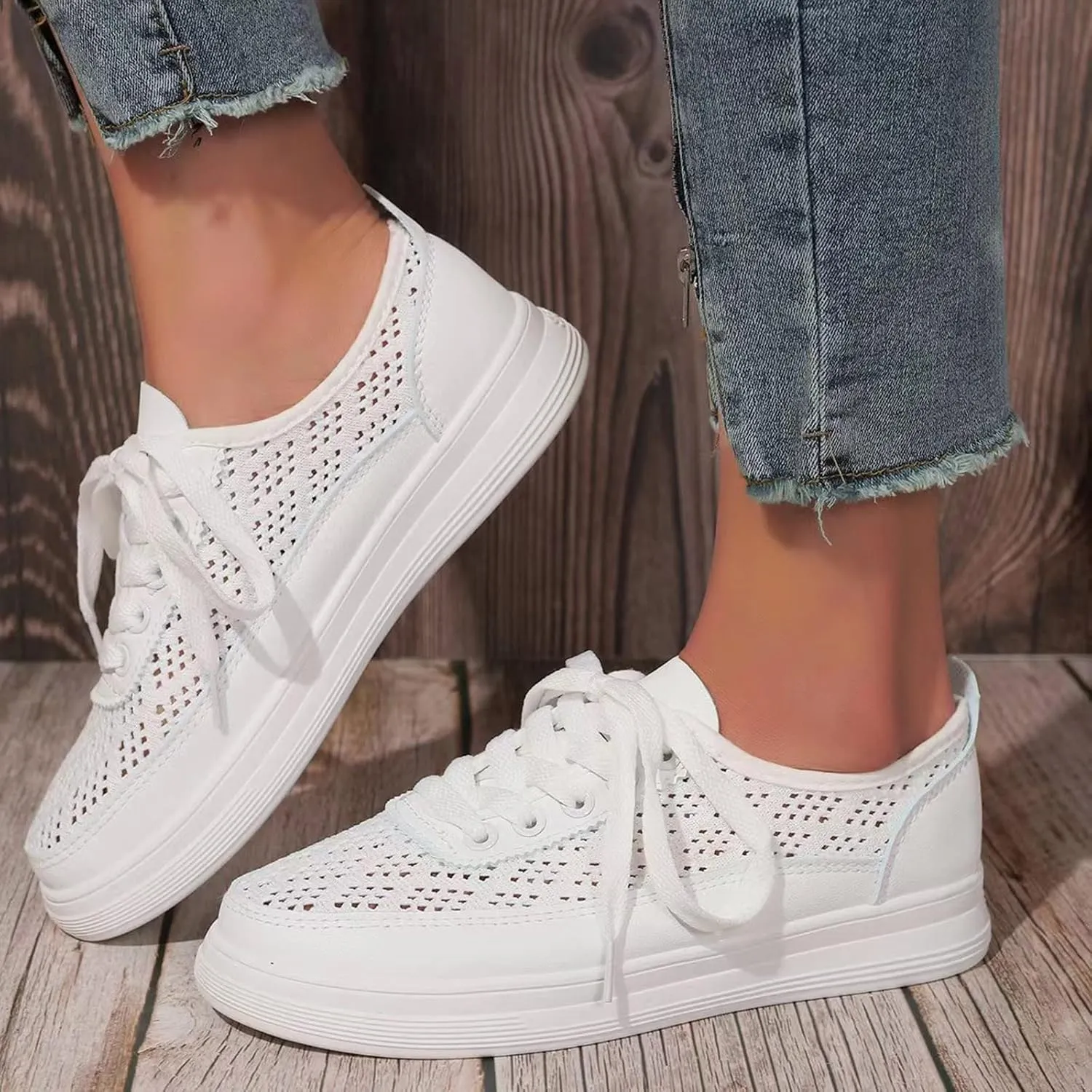 Hbeylia Platform Fashion Sneakers for Women Casual Lace Up Breathable Mesh Air Hollow Out Round Toe Chunky Bottom Heels Canvas Shoes Slip On Flats Walking Shoes Play Sneakers Comfort Soft Loafers