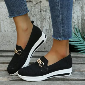 Hbeylia Slip On Loafers for Women Platform Wedge Metal Chain Ballet Flats Round Toe Chunky Bottom Low Top Dress Shoes for Women Ladies Vacation Work Nurse