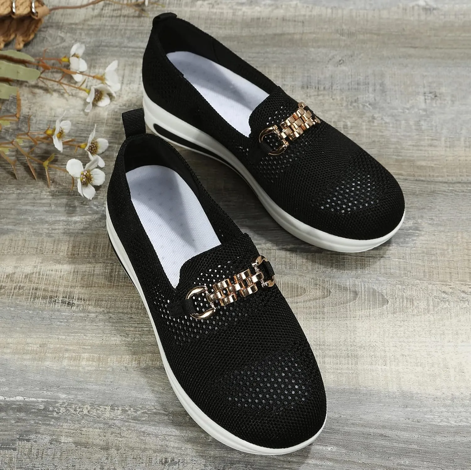Hbeylia Slip On Loafers for Women Platform Wedge Metal Chain Ballet Flats Round Toe Chunky Bottom Low Top Dress Shoes for Women Ladies Vacation Work Nurse