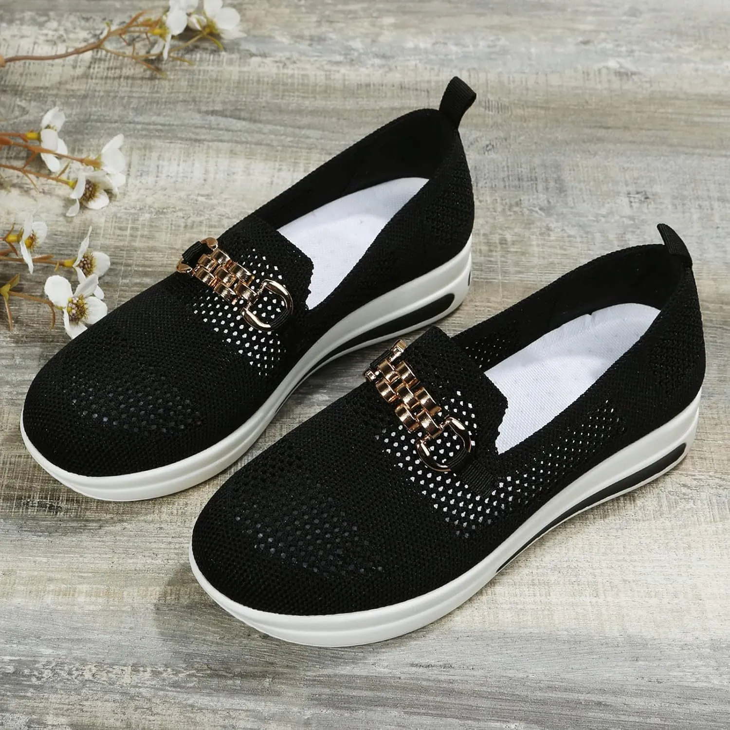Hbeylia Slip On Loafers for Women Platform Wedge Metal Chain Ballet Flats Round Toe Chunky Bottom Low Top Dress Shoes for Women Ladies Vacation Work Nurse