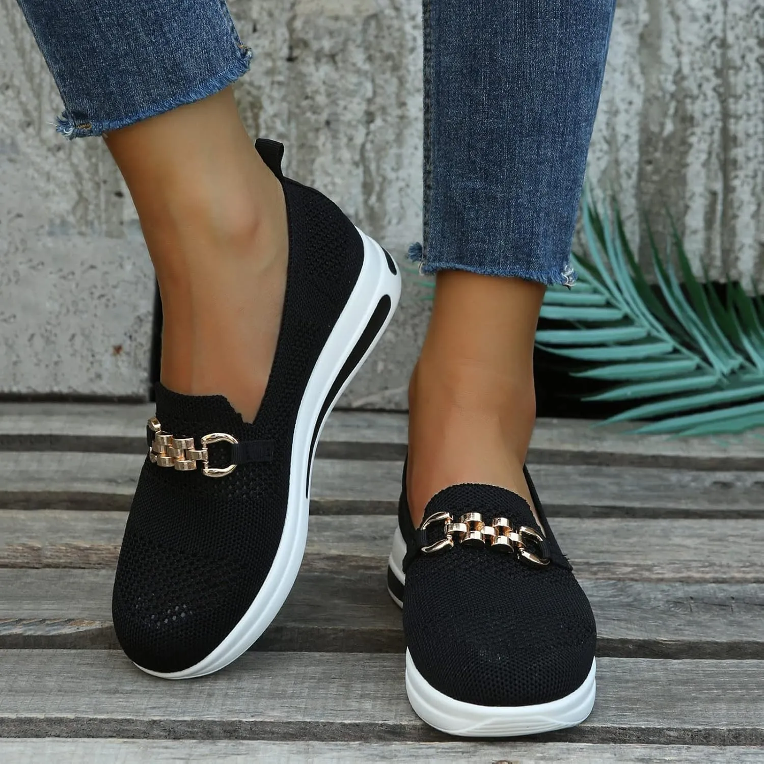 Hbeylia Slip On Loafers for Women Platform Wedge Metal Chain Ballet Flats Round Toe Chunky Bottom Low Top Dress Shoes for Women Ladies Vacation Work Nurse