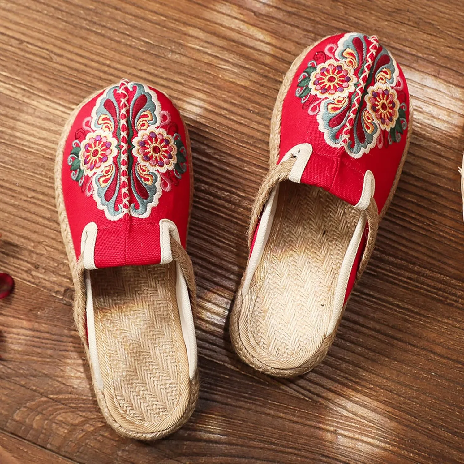 Hee grand Women's Embroidered Espadrilles Slip On Mule Slippers Ethnic Style Cotton and Linen Flats Retro Chinese Style