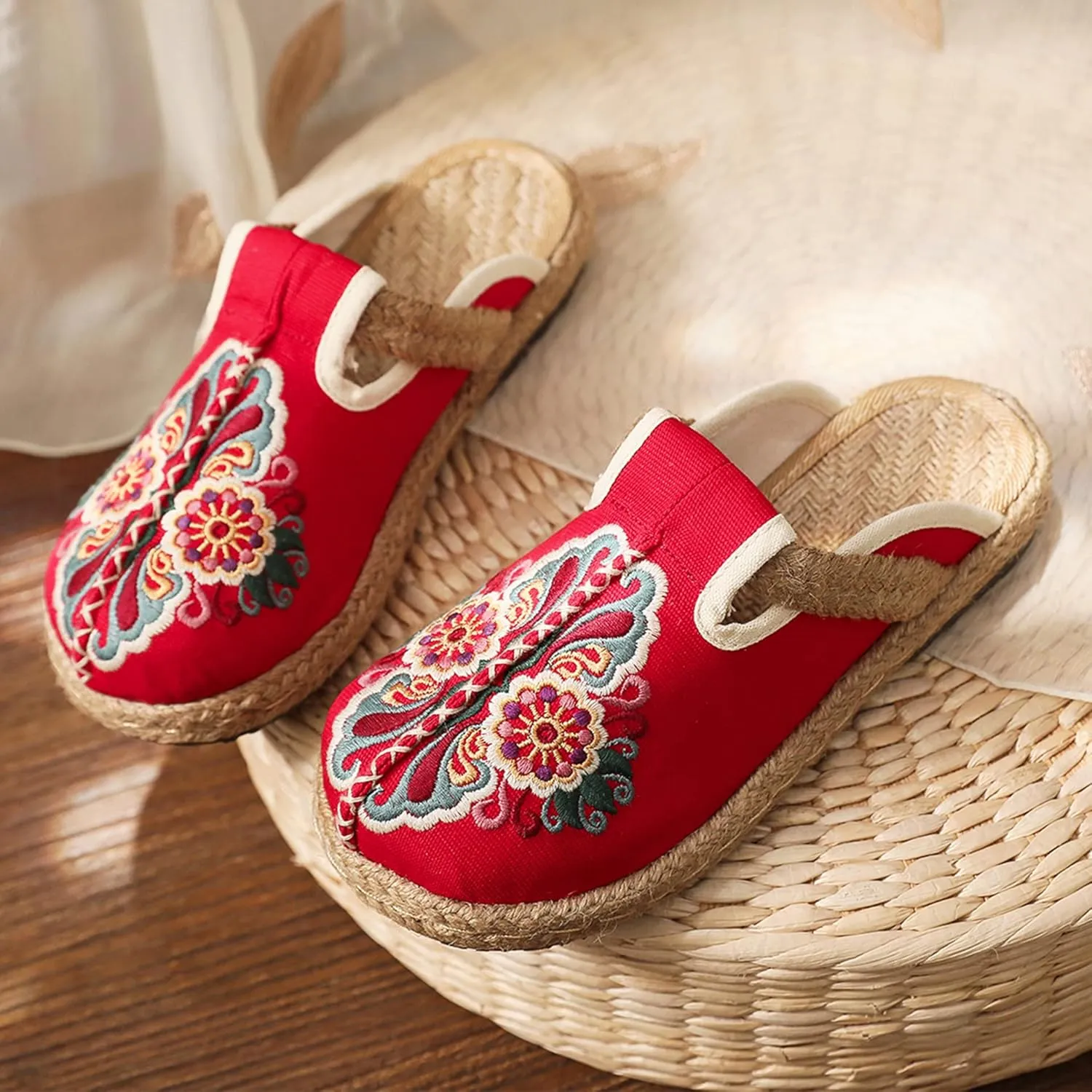 Hee grand Women's Embroidered Espadrilles Slip On Mule Slippers Ethnic Style Cotton and Linen Flats Retro Chinese Style