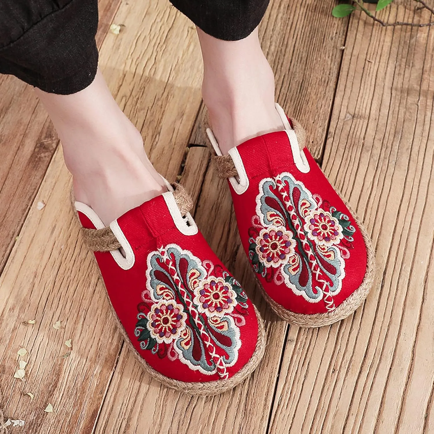 Hee grand Women's Embroidered Espadrilles Slip On Mule Slippers Ethnic Style Cotton and Linen Flats Retro Chinese Style