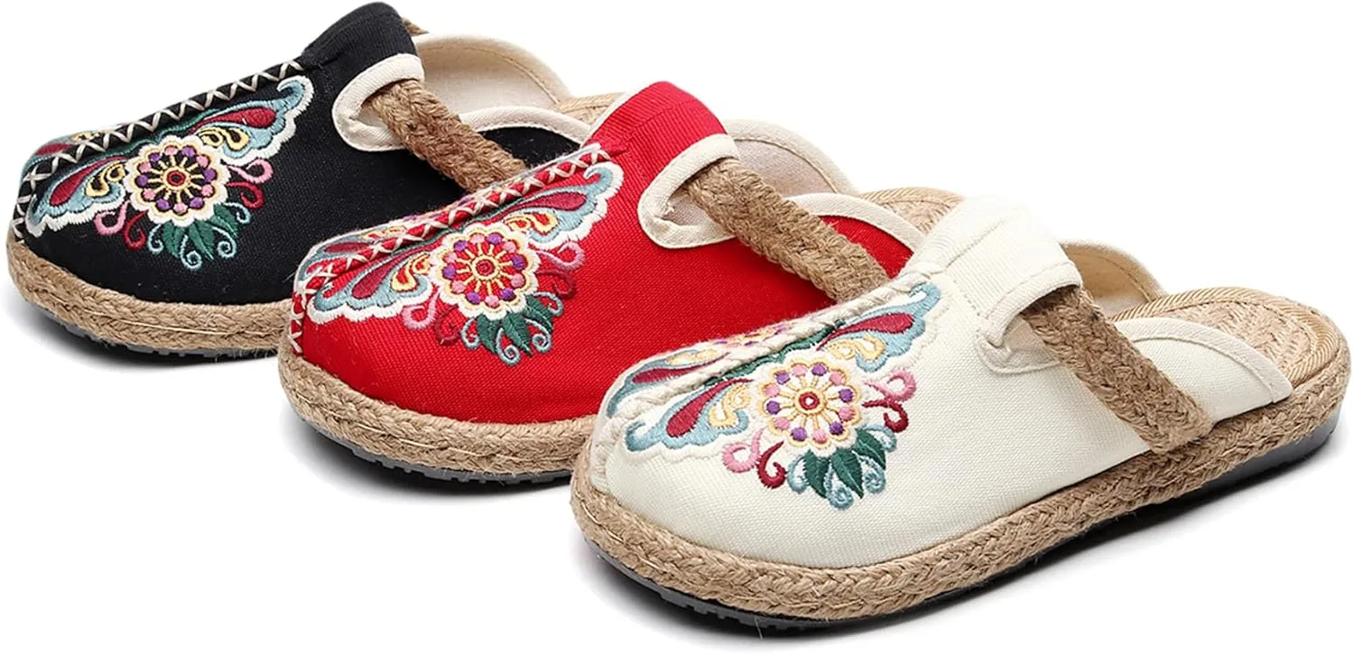Hee grand Women's Embroidered Espadrilles Slip On Mule Slippers Ethnic Style Cotton and Linen Flats Retro Chinese Style