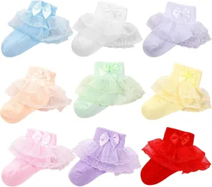 Hillban 9 Pairs Baby Lace Socks Girls' Ruffle Socks for Newborn Infants Princess Frilly Lace Cotton