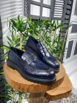 HolloShoe Men's Navy Blue Crocodile-Embossed Penny Loafers