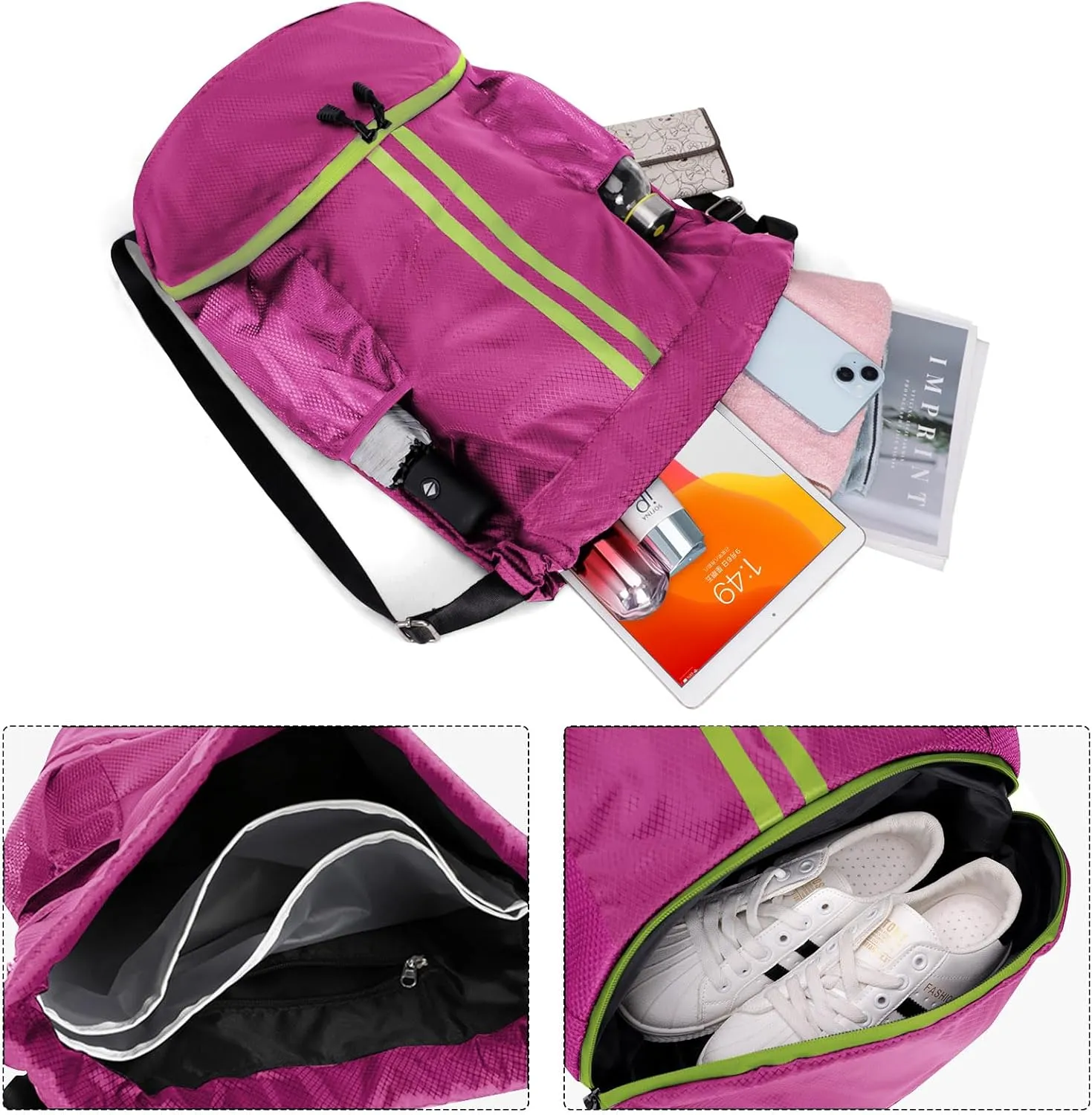 HUA ANGEL Waterproof Drawstring Backpack Lightweight Nylon Gym Bag with Shoe Compartment for Travel Swimming Sports Outdoor