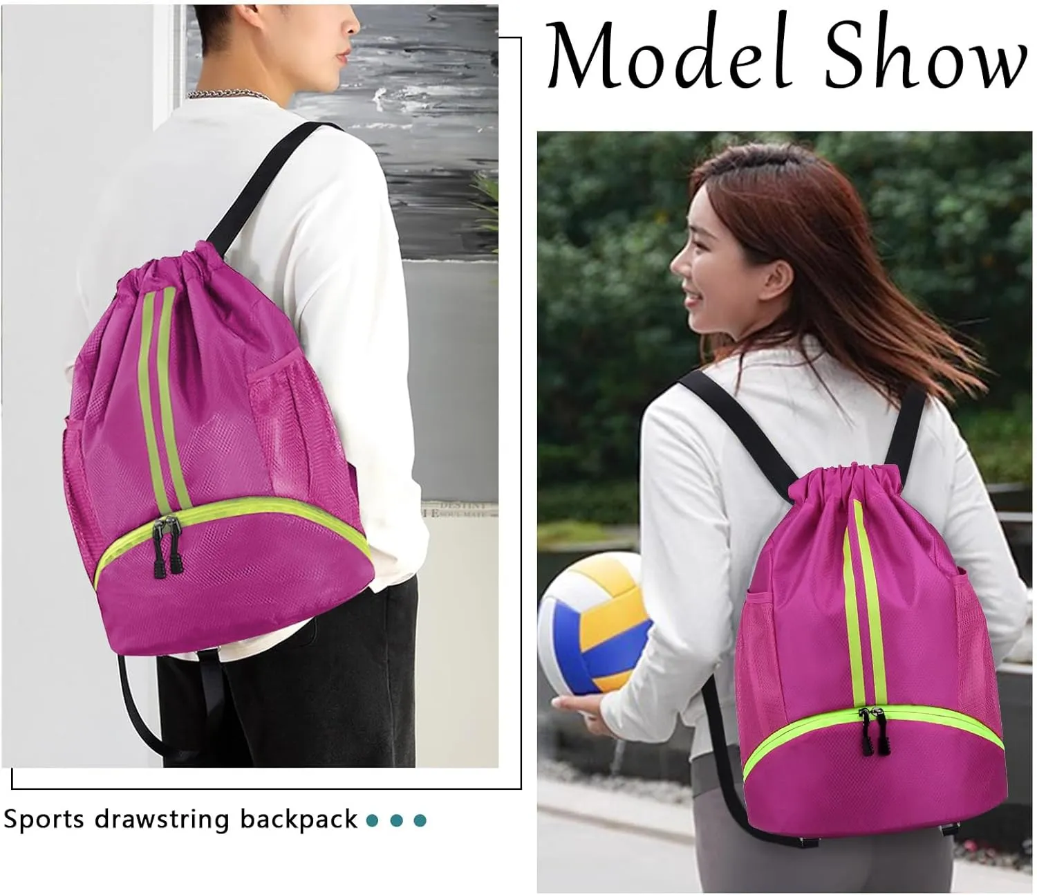 HUA ANGEL Waterproof Drawstring Backpack Lightweight Nylon Gym Bag with Shoe Compartment for Travel Swimming Sports Outdoor