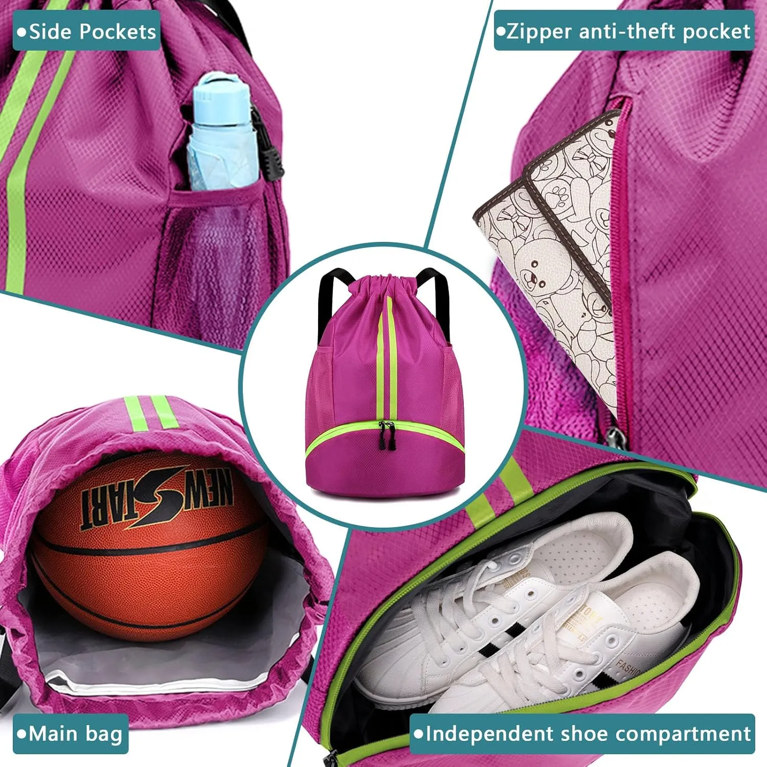 HUA ANGEL Waterproof Drawstring Backpack Lightweight Nylon Gym Bag with Shoe Compartment for Travel Swimming Sports Outdoor