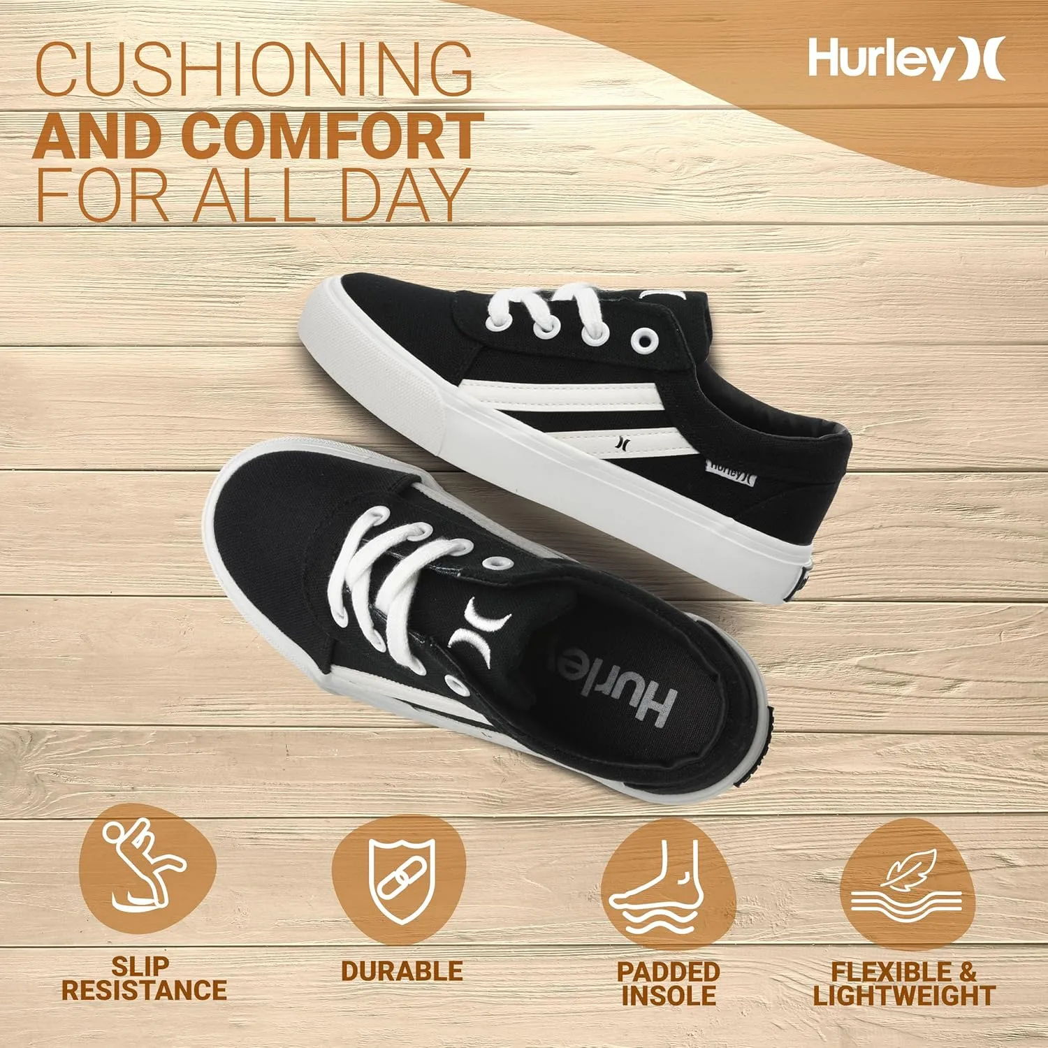 Hurley Boardy Kids Lace Up Canvas Sneakers – Low Cut Skateboarding Shoes for Kids, Sports Shoes for Boys and Girls