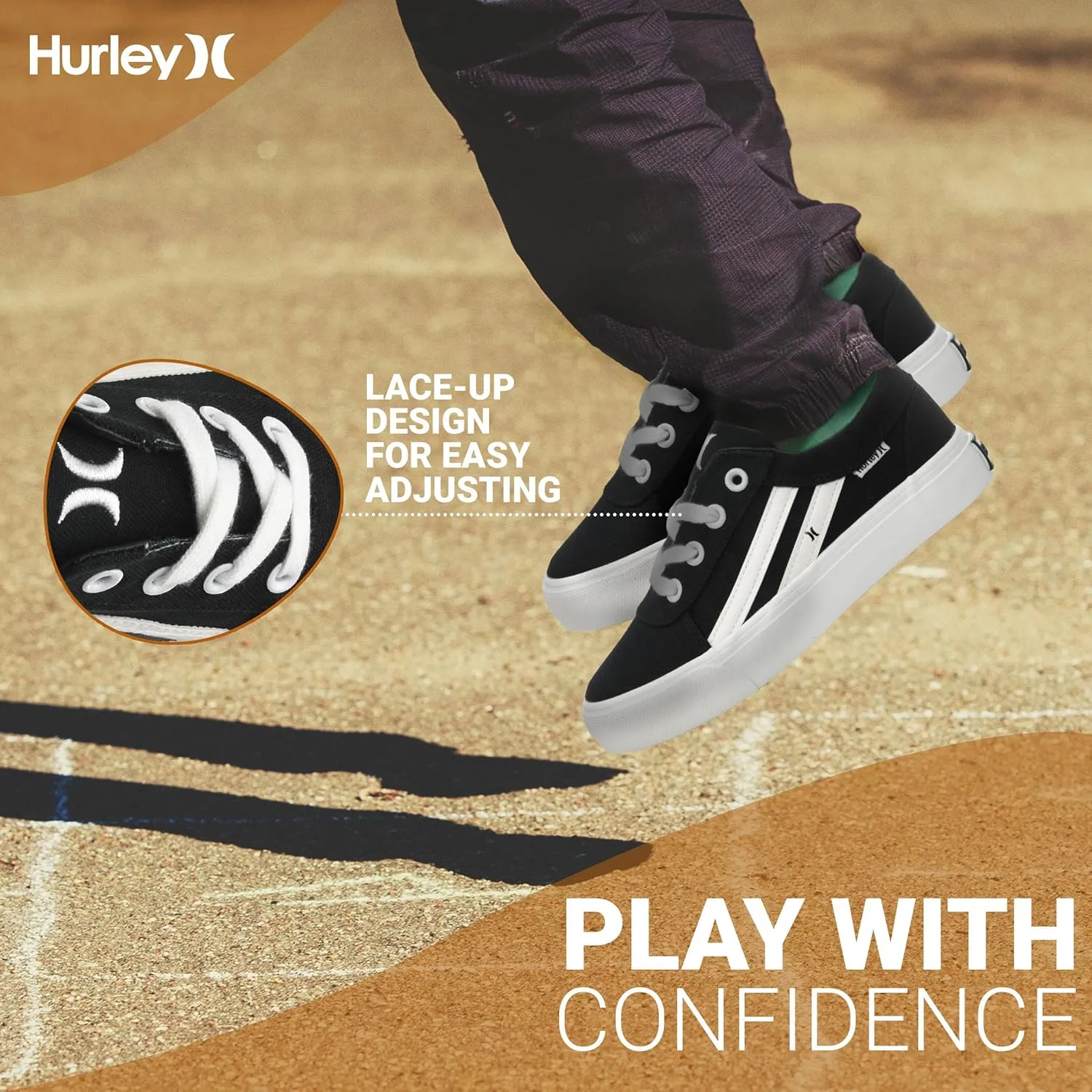 Hurley Boardy Kids Lace Up Canvas Sneakers – Low Cut Skateboarding Shoes for Kids, Sports Shoes for Boys and Girls