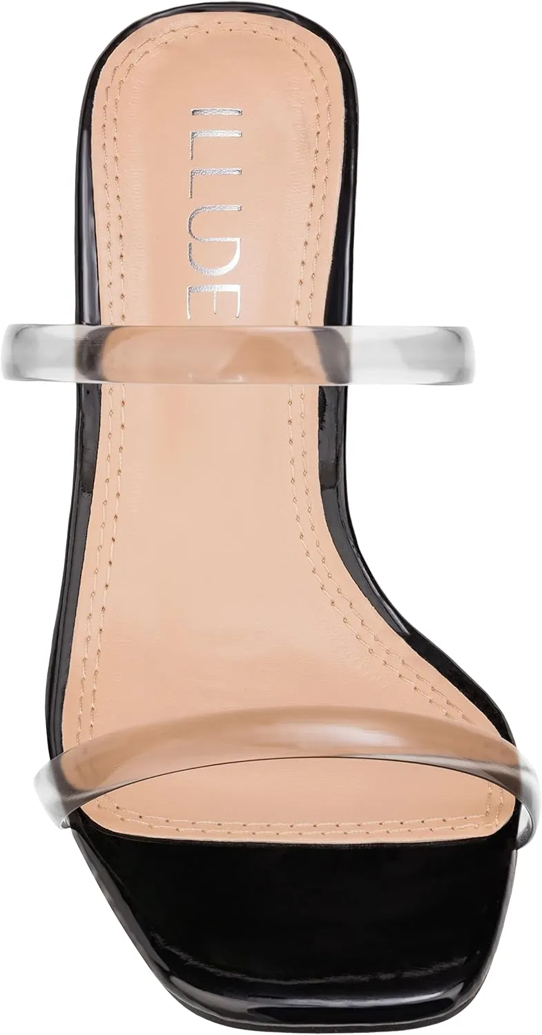 ILLUDE Women’s Block Heel Double Band Square Toe Heeled Sandal Slip On Mule - Lisa