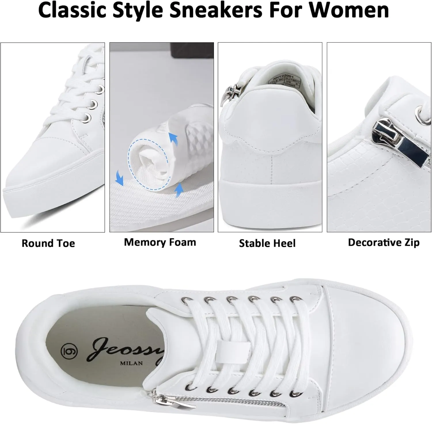 Jeossy Women's Flat Low Top Casual Fashion Sneakers Round Toe Shoes with Zipper
