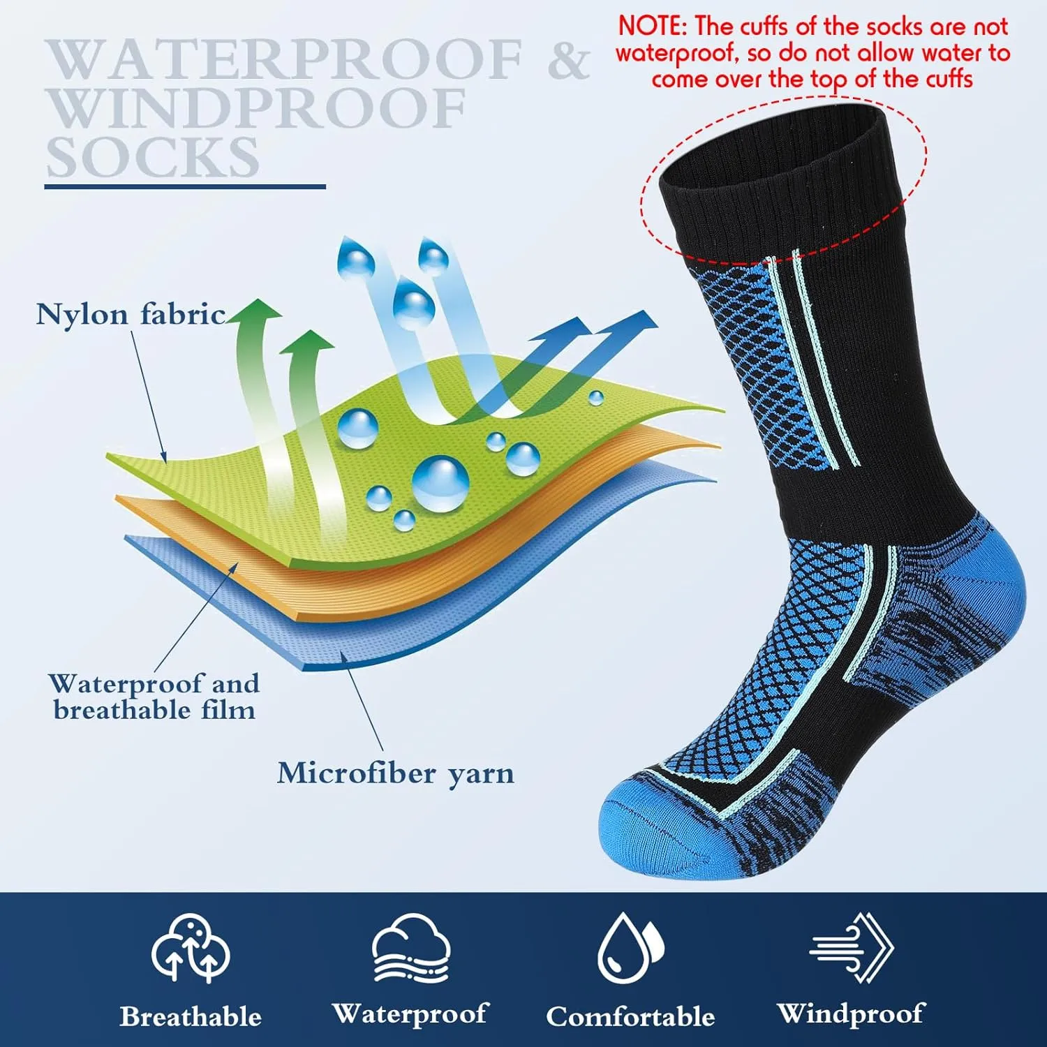 Jeyiour 2 Pairs Waterproof Socks Unisex Waterproof Breathable Outdoor Skiing Hiking Wading Fishing Socks for Men Women