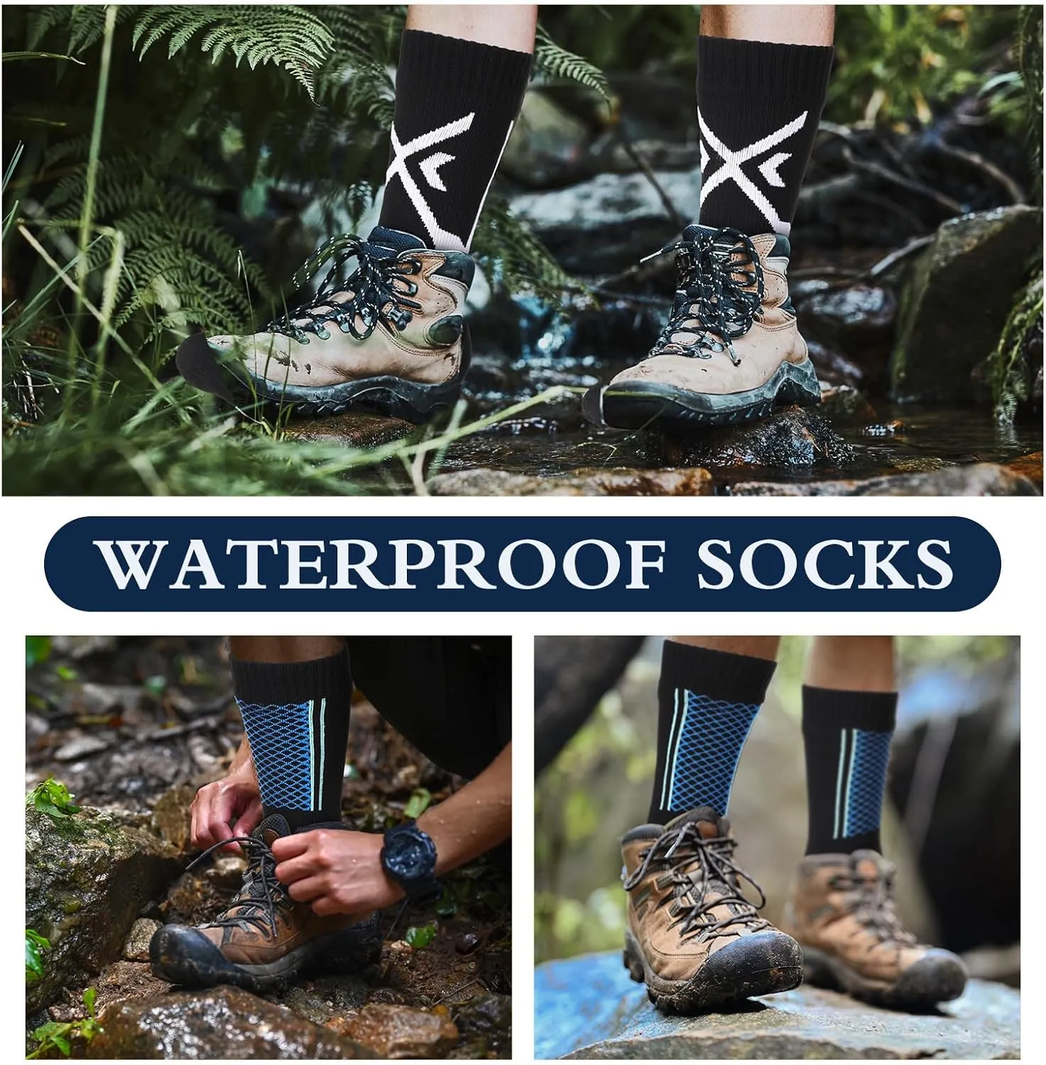 Jeyiour 2 Pairs Waterproof Socks Unisex Waterproof Breathable Outdoor Skiing Hiking Wading Fishing Socks for Men Women