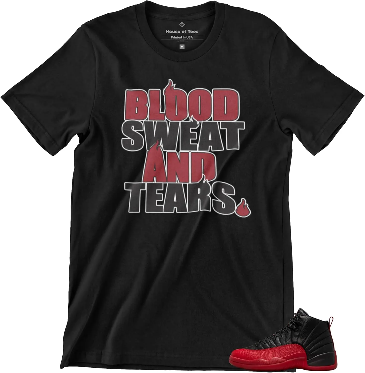 Jordan 12 Flu Game Black Varsity Red Shirt to Match Sneakers Men's Tee