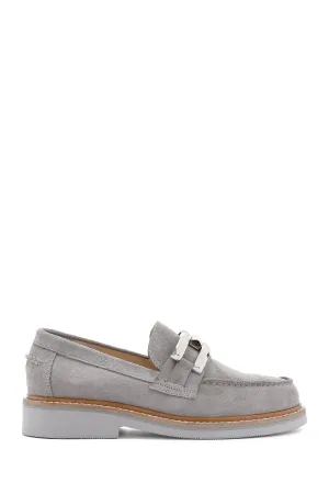 Kadın Gri Süet Deri Maskülen Loafer