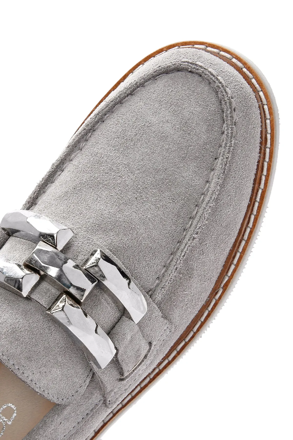 Kadın Gri Süet Deri Maskülen Loafer