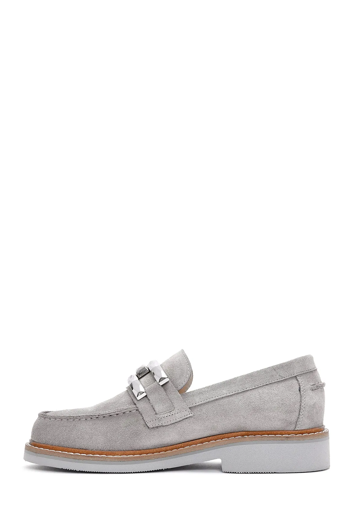 Kadın Gri Süet Deri Maskülen Loafer