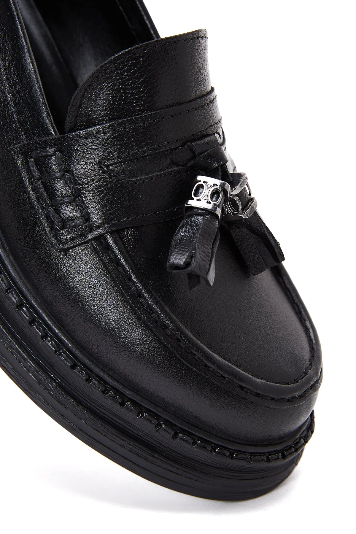 Kadın Siyah Deri Maskülen Loafer