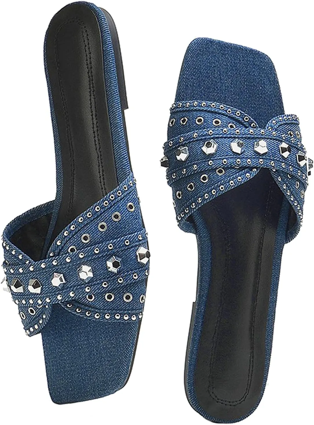 KCTRFSJ Women's Denim Cloth Studded Flat Slide Slippers Fashion Square Toe Non-Slip Open Toe Slip-On Beach Mule Sandals,Summer Comfort Backless Casual Wedding Walking Slide