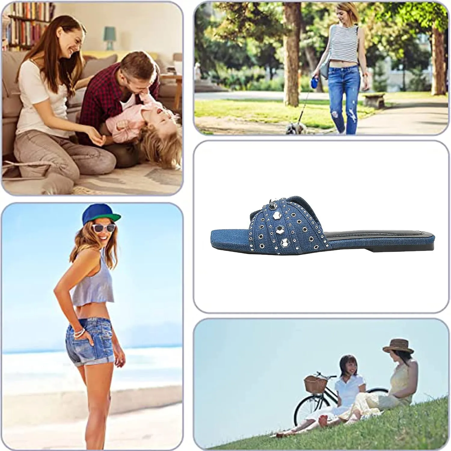 KCTRFSJ Women's Denim Cloth Studded Flat Slide Slippers Fashion Square Toe Non-Slip Open Toe Slip-On Beach Mule Sandals,Summer Comfort Backless Casual Wedding Walking Slide