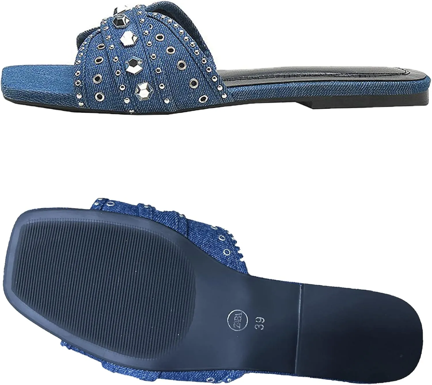 KCTRFSJ Women's Denim Cloth Studded Flat Slide Slippers Fashion Square Toe Non-Slip Open Toe Slip-On Beach Mule Sandals,Summer Comfort Backless Casual Wedding Walking Slide