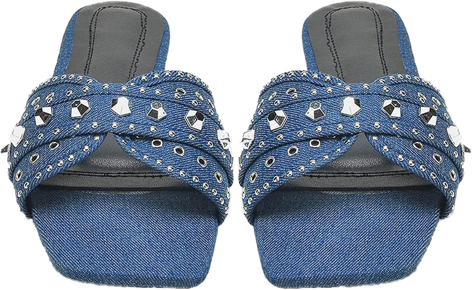 KCTRFSJ Women's Denim Cloth Studded Flat Slide Slippers Fashion Square Toe Non-Slip Open Toe Slip-On Beach Mule Sandals,Summer Comfort Backless Casual Wedding Walking Slide
