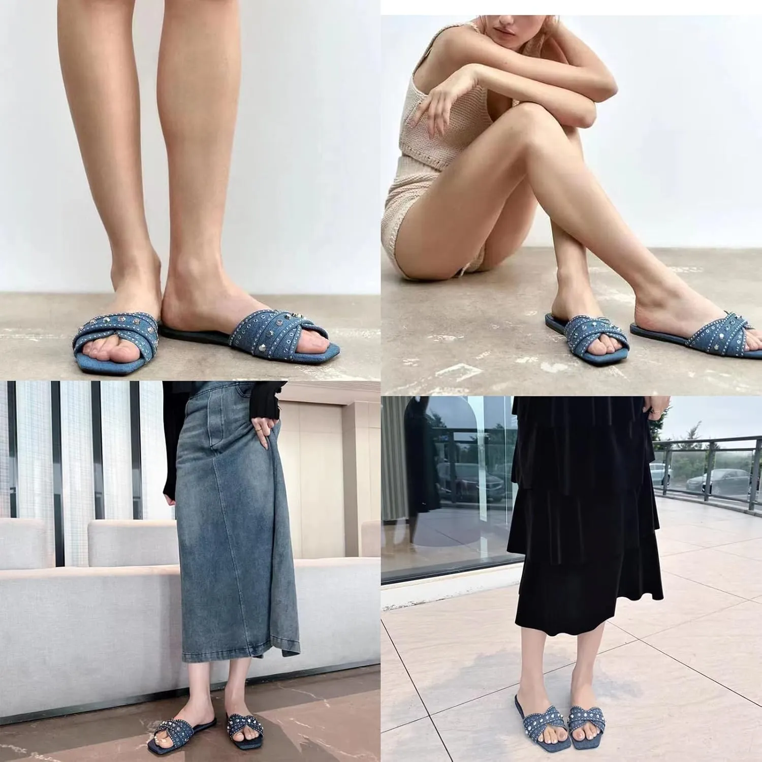 KCTRFSJ Women's Denim Cloth Studded Flat Slide Slippers Fashion Square Toe Non-Slip Open Toe Slip-On Beach Mule Sandals,Summer Comfort Backless Casual Wedding Walking Slide