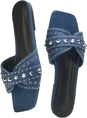 KCTRFSJ Women's Denim Cloth Studded Flat Slide Slippers Fashion Square Toe Non-Slip Open Toe Slip-On Beach Mule Sandals,Summer Comfort Backless Casual Wedding Walking Slide
