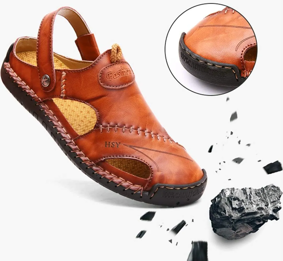 KINOW Mens Casual Closed Toe Leather Sandals Outdoor Sports Beach Slippers Flat Shoes
