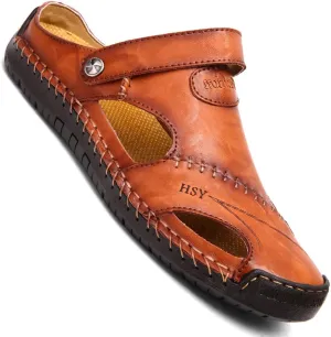 KINOW Mens Casual Closed Toe Leather Sandals Outdoor Sports Beach Slippers Flat Shoes