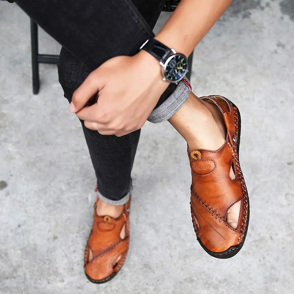 KINOW Mens Casual Closed Toe Leather Sandals Outdoor Sports Beach Slippers Flat Shoes