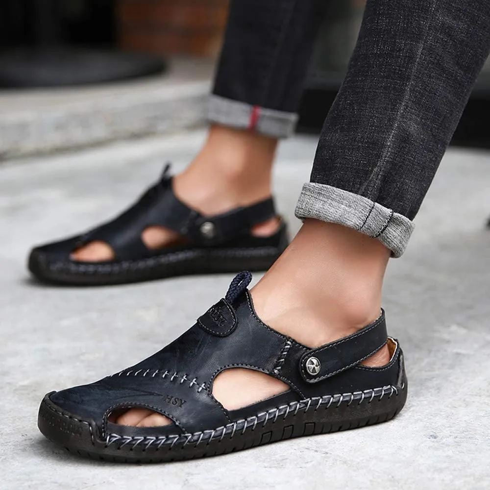 KINOW Mens Casual Closed Toe Leather Sandals Outdoor Sports Beach Slippers Flat Shoes