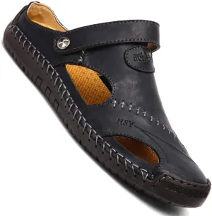 KINOW Mens Casual Closed Toe Leather Sandals Outdoor Sports Beach Slippers Flat Shoes