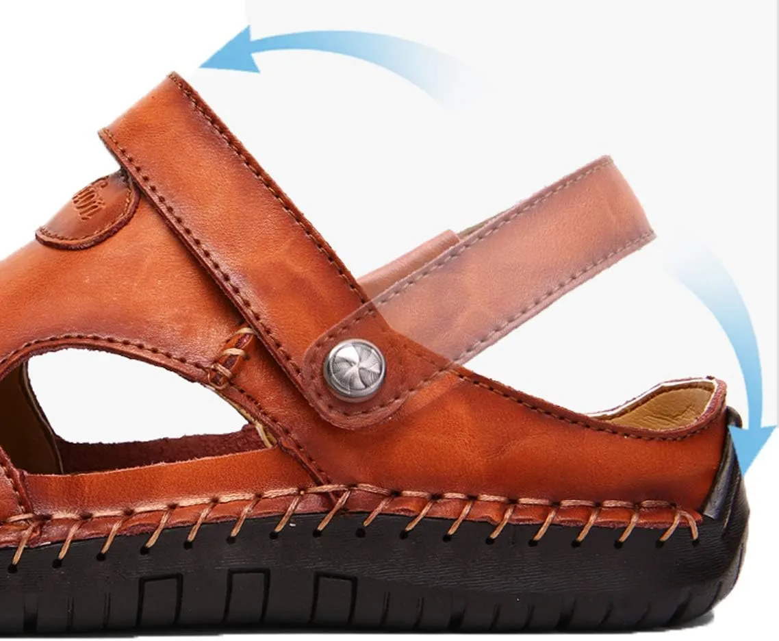 KINOW Mens Casual Closed Toe Leather Sandals Outdoor Sports Beach Slippers Flat Shoes