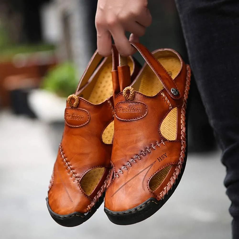 KINOW Mens Casual Closed Toe Leather Sandals Outdoor Sports Beach Slippers Flat Shoes