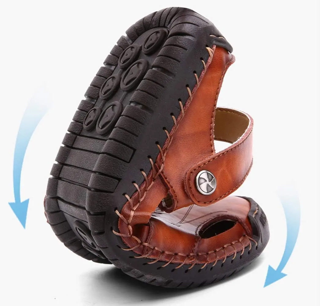 KINOW Mens Casual Closed Toe Leather Sandals Outdoor Sports Beach Slippers Flat Shoes