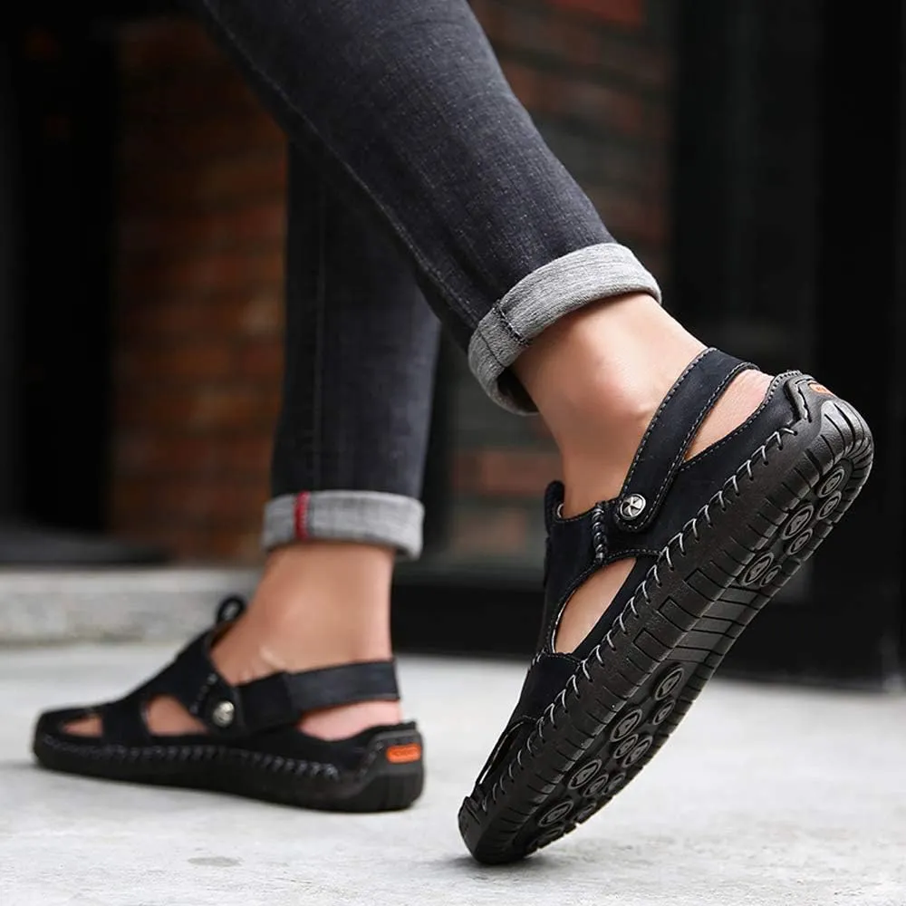KINOW Mens Casual Closed Toe Leather Sandals Outdoor Sports Beach Slippers Flat Shoes